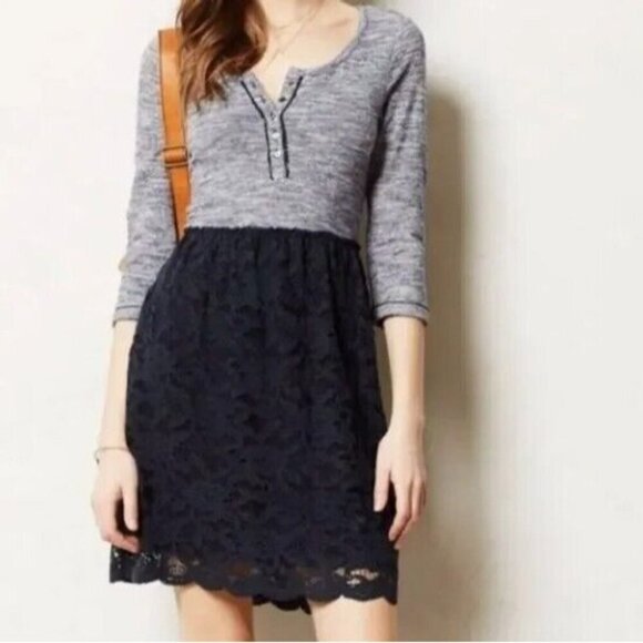 Anthropologie Lilka Womens Medium Marya Navy Blue Stripe Scoop Neck Henley Lace - Picture 1 of 7